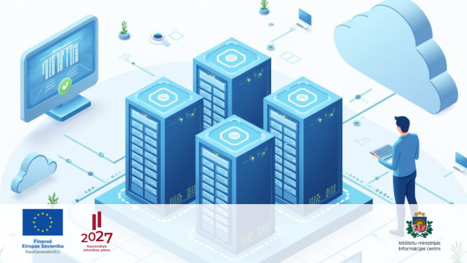 Datu centra, personālā datora un mākoņservera vizuāls māksliniecisks attēlojums šo tehnoloģiju  mijiedarbības vīzijas veidā, kā arī Eiropas Savienības finansējuma, Latvijas Nacionālā attīstības plāna un Iekšlietu ministrijas Informācijas centra logotipi.