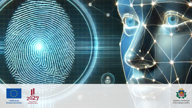 Cilvēka sejas un pirkstu nospiedumu māksliniecisks attēlojums digitālo tehnoloģiju vīzijas veidā, kā arī Eiropas Savienības līdzfinansējuma, Latvijas Nacionālā attīstības plāna un Iekšlietu ministrijas Informācijas centra logotipi.